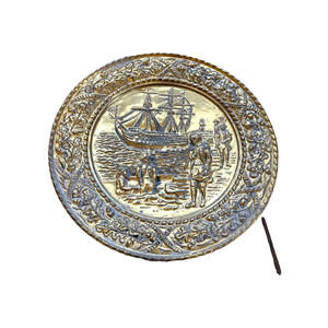 Vintage Brass Plate Sailing Ship Wall Plaque 16” Nautical Hanging Decor